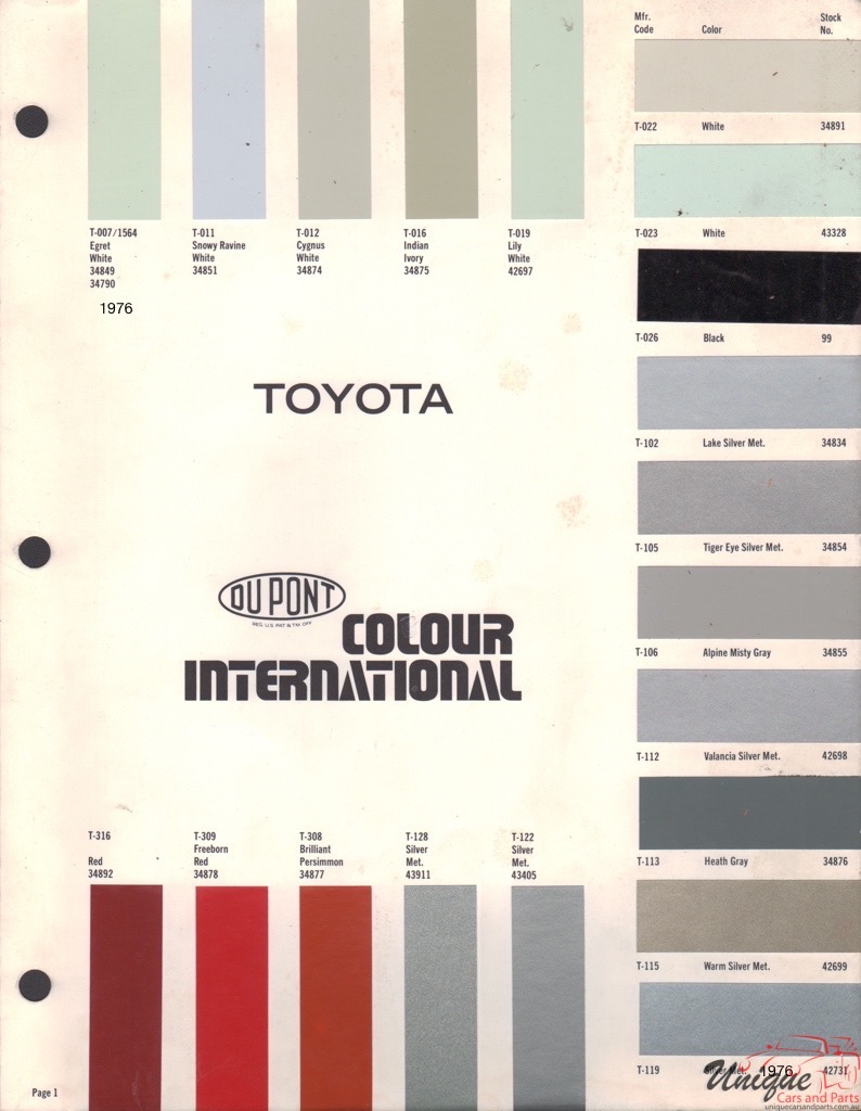 1976 Toyota International Paint Charts DuPont 1